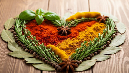 Heart shape formed from herbs, spices, and leaves, symbolizing love for sustainable cuisine.