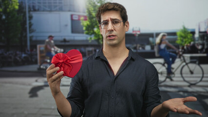 Man holds red heart box in one hand with palms up gesture on a busy street, apologetic facial expression and offering present; regret apology.