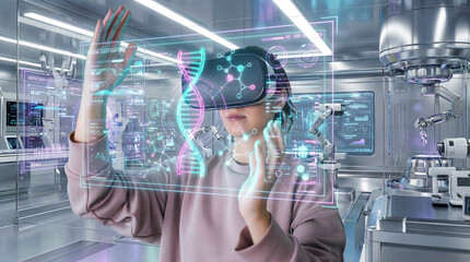 Female scientist analyzing DNA data with virtual reality interface