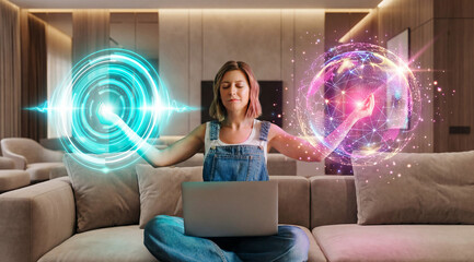 Woman meditating with virtual holographic globe and digital interface