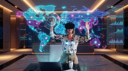 Woman exploring global financial data with virtual reality headset
