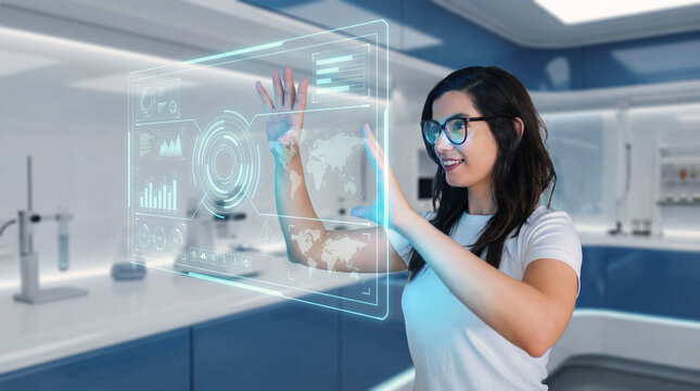 Young woman interacting with digital interface in futuristic lab