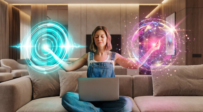 Woman meditating with virtual holographic globe and digital interface