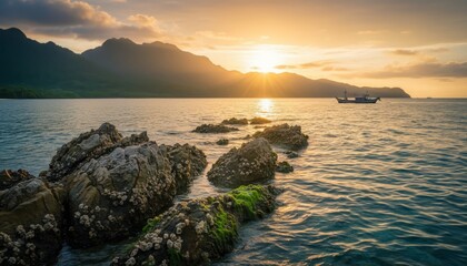 Mossy rocks covered with barnacles line a tranquil sea with a fishing boat sailing during a beautiful golden sunset over distant mountains
