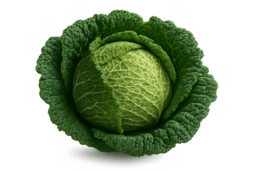 Fresh savoy cabbage head, a green leafy vegetable used for healthy cooking and diet food, isolated on transparent background
