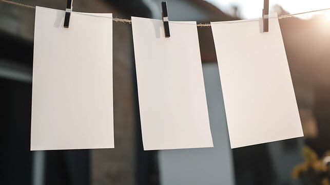 Three blank sheets hanging by clothespins on a string, creating a clean, minimalistic aesthetic. The crisp white paper contrasts with the natural string and muted background.