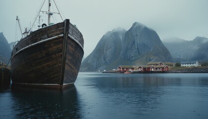 Large old wooden fishing boat is moored in a tranquil harbor of a remote village at the base of dramatic foggy mountains on a moody, rainy day