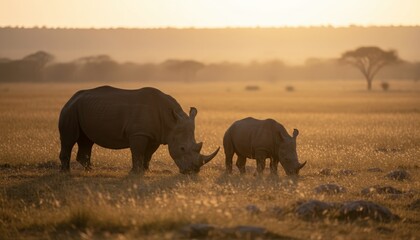 Two white rhinoceros mother and calf grazing peacefully together in a golden savanna field during a warm, hazy sunrise with beautiful rim lighting