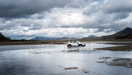 Iceland travel - Vehicle stuck in high water on the F roads in Iceland highlands