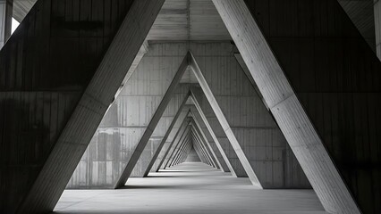 A stark, symmetrical perspective of a concrete tunnel with repeating triangular architectural elements creating a sense of depth and repetition.