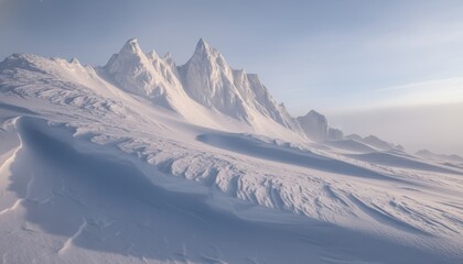 Majestic snow-covered mountain range with sharp jagged peaks rises over a vast, windswept snowfield under a clear, hazy sky during a tranquil winter sunrise