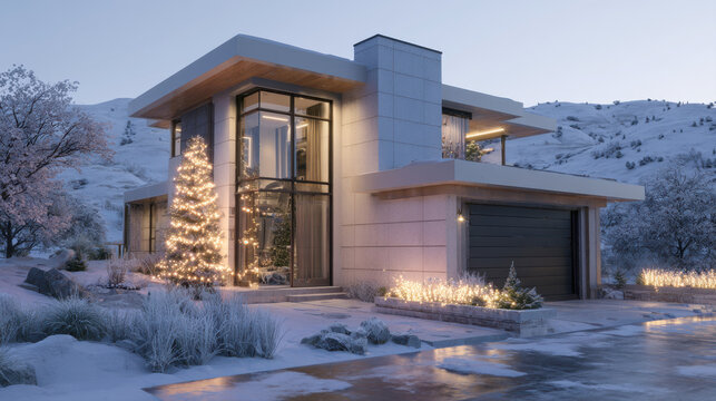 Luxury Modernist Home in a Snowy Landscape: Exterior View of a Contemporary Concrete and Glass House with a Garage, Elegantly Decorated with Christmas Lights and a Lit Tree During a Winter Evening