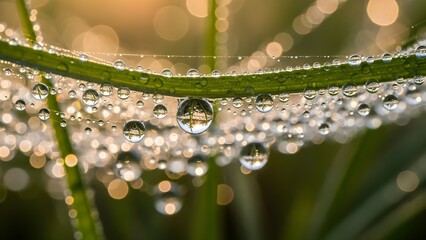 Dew drops clinging to a blade of grass in the early morning sunlight closeup view