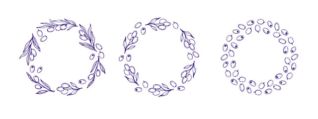 Round frame with olives set. Circular arrangement of olives and olive leaves for food-related designs, Mediterranean themes, and culinary projects. Vector doodle sketch olives wreath, vegan diet