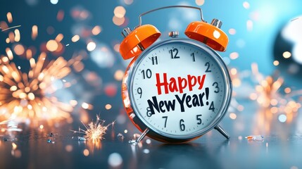 Festive new year celebration with clock and fireworks background