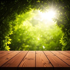 Wooden table with lush green forest background and bright sunlight