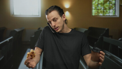 Young man with long hair holding waffle and coffee while balancing smartphone at ear in church; distracted multitasking.