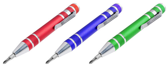 Multifunctional screwdriver with a set of interchangeable bits for various tasks.