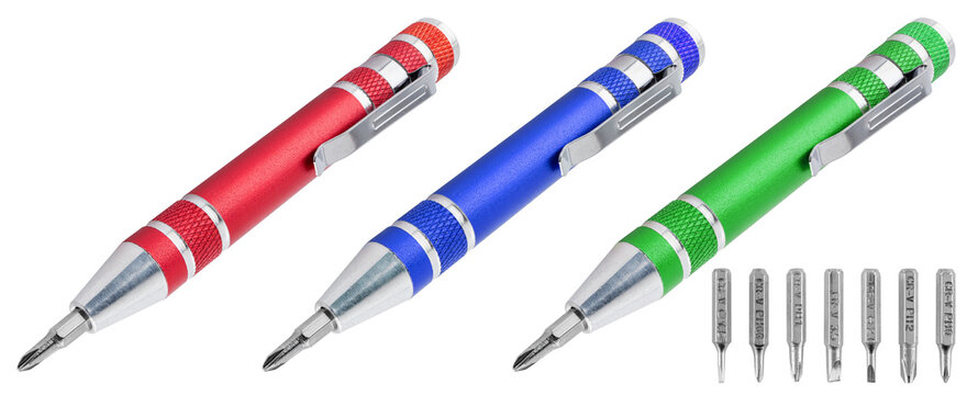 Compact screwdriver with magnetic bits, suitable for working with small parts. On a white background