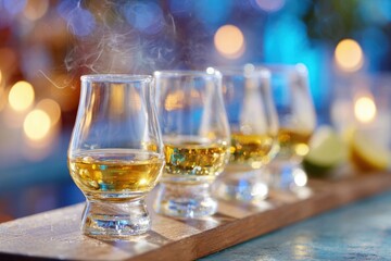 Atmospheric bar scene featuring tequila snifters on a wooden tray, with vibrant bokeh lights in the background creating a warm and inviting ambiance for social gatherings