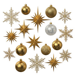 Elegant golden Christmas ornaments snowflakes and stars against a black background
