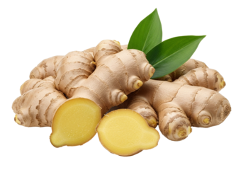 Fresh ginger root with vibrant green leaves, sliced for culinary spice and wellness, isolated on a transparent PNG background.