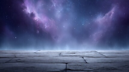 Textured stone ground with glowing purple galaxy and stars background