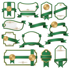 Elegant green and gold decorative frames and ribbons vector design collection