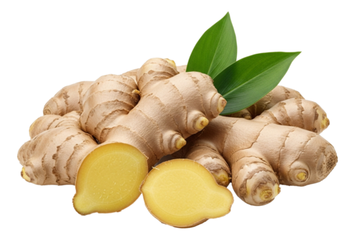 Fresh ginger root with vibrant green leaves, sliced for culinary spice and wellness, isolated on a transparent PNG background.