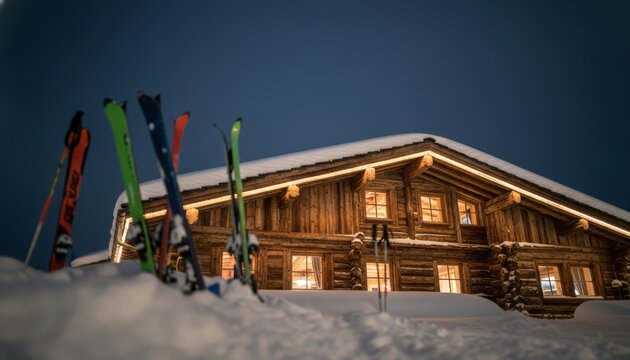 Beautiful rustic log cabin with a snow-covered roof glows warmly with illuminated windows and decorative lights on a peaceful, cold winter night - Powered by Adobe