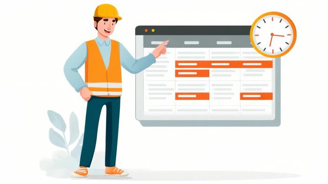 Male construction worker reviewing digital schedule with clock in modern interface animation