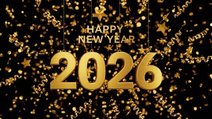 Happy new year 2026 with golden confetti and stars