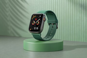 Modern smartwatch with green strap displaying time and health data