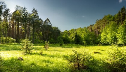 clearing in the wood with green grass and trees in the background