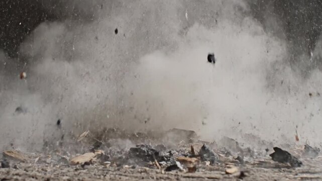 Dynamic ground impact with flying debris and dust particles
