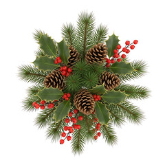 Festive Christmas and Winter Holiday Decoration of Pine Cones Holly Berries and Evergreen Branches