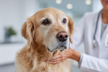 A golden retriever being gently examined by a veterinarian