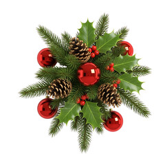 Festive Christmas arrangement with pine cones holly and red ornaments on black