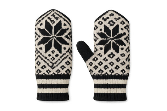 Warm knitted mittens with scandinavian snowflake pattern, black and white wool winter accessory, isolated on transparent background