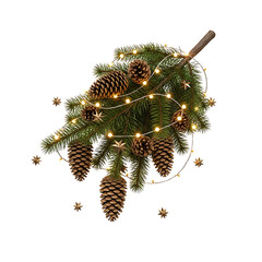 Festive Christmas branch with pine cones lights and star ornaments isolated