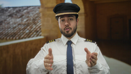 Young man wearing uniform speaks outdoors in an old university setting with arches and tile roof visible suggesting a historic academic environment on a clear day.