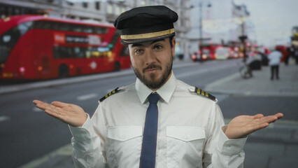 Pilot man in uniform on london street with iconic red buses, expressing confusion with open hands...