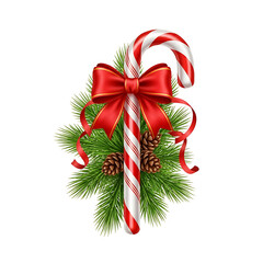 Festive Christmas Candy Cane Decoration with Pine and Red Bow Illustration