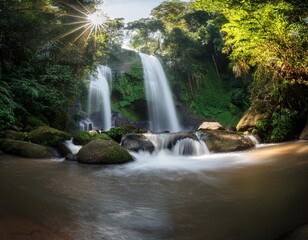 Fototapeta premium tranquil waterfall scene surrounded by lush greenery in chiang mai