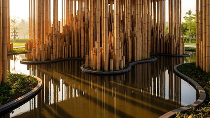Tranquil bamboo sculpture reflection in water garden, serene nature scene, elegant outdoor design, promoting peace and relaxation, peaceful retreat
