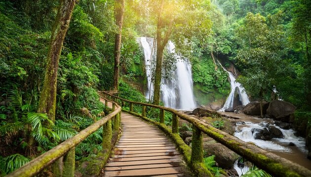 serene pathway through lush jungle near waterfall in chiang mai