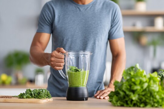 A young man is blending leafy greens to create a detox smoothie in a bright kitchen