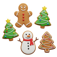 Festive christmas cookies gingerbread man trees and snowman on black background
