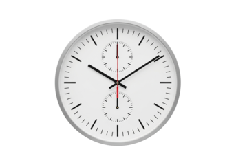 Sleek modern wall clock emphasizing time management, deadlines, and productivity, isolated on a transparent PNG background.