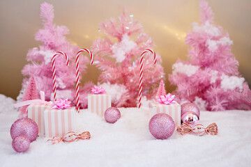 Pink Winter Wonderland. Festive pink Christmas scene with candy canes, gifts